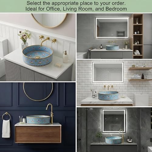 Image of BASSINO 16x16x5 Inches Designer Moroccan Ceramic Table Top Wash Basin /Glossy Blue Floral Art Bowl Sink for Bathroom /Handcrafted Round Countertop Washbasin for Office /Hotel(Glossy Blue)