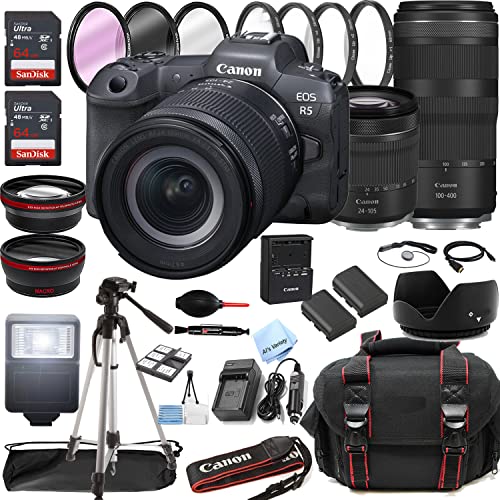 Canon EOS R5 Mirrorless Digital Camera with RF 24-105mm f/4 L is USM Lens + RF 100-400mm is USM Lens + 128GB Memory + Case + Tripod + Filters (41pc Bundle)