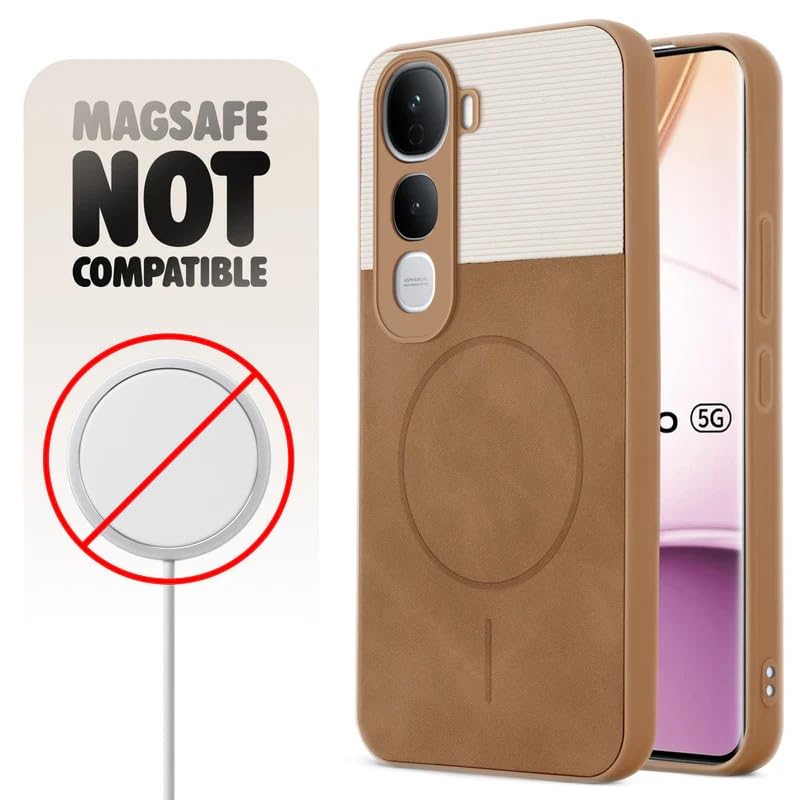 Image of Bintage case Macc-Safe Design Hard Light Weight Back Case | Soft Border Camera Protect | Dual PU Leather Finish Back Cover Compatible for Vivo Y400 Pro 5G - White & Brown