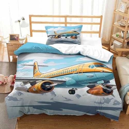 Housse de couette avion imprimé 3D avec taie d'oreiller microfibre douce