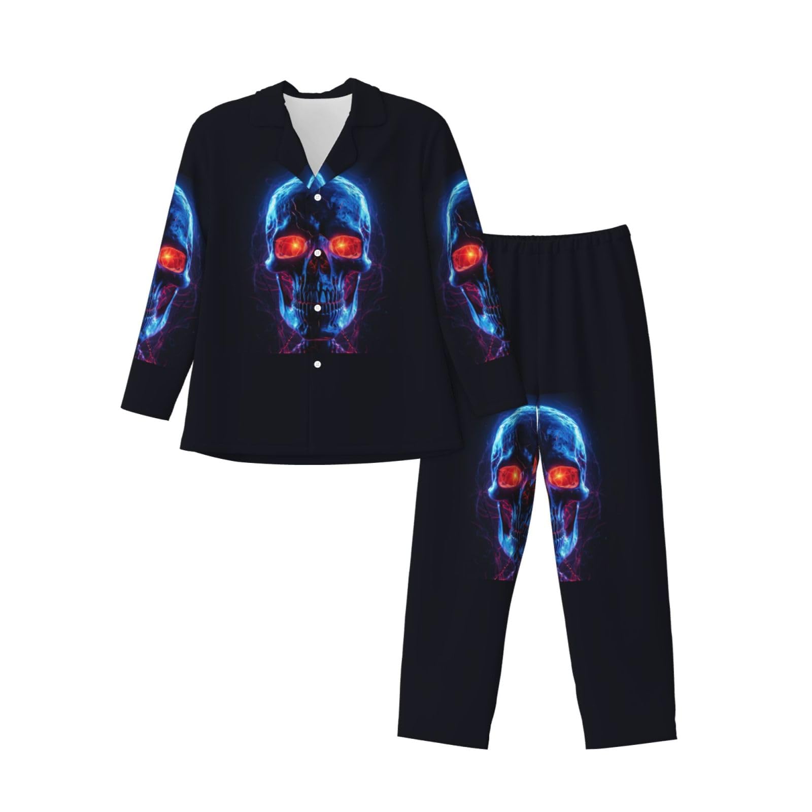 Langärmeliges Pyjama-Set für Herren, Halloween, Totenkopf-Aufdruck, zweiteilig, Hauskleidung, bequeme Nachtwäsche