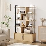 GAOMON 5 Tier Rattan Bookshelf with Storage Cabinet & Door, 71.1 Inch Tall Industrial Book Shelf with Open Display Shelves, 5 Shelf Bookcase with Metal Frame for Living Room, Bedroom -Burlywood