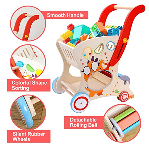 Jericetoy Wooden Baby Toy Pretend Play Shopping Cart For Toddlers Push Walker Toy With Rolling Rattle Shape Sorting Game Kids Activity Toy Play Grocery Cart For Boys Girls Kids #TOP2