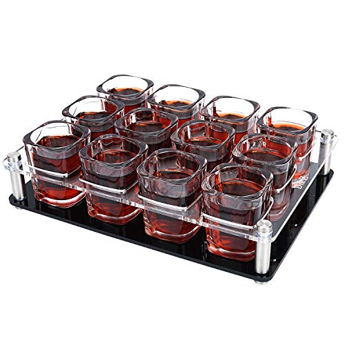2 oz Shot Glass with Holder, D&Z Tequila Shot Glass Set, Easy to Carry 12 Heavy Base Glasses without Spilling, Clear Modern Acrylic Server Tray for Wedding,Anniversary,Graduation,Housewarming,Birthday - Thumbnail 7
