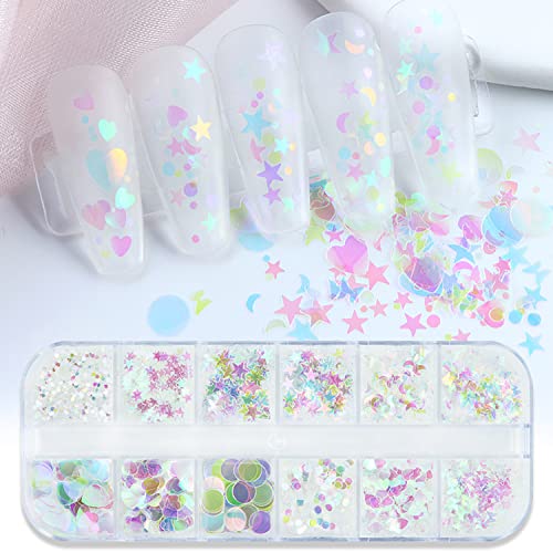 Nail Art Glitter Sequins, 3D Clear Iridescent Ultra-Thin Nail Art Glitter Flakes Designs, Mermaid Love Heart Butterfly Star Moon Round Shapes Nail Glitter Slices For Women Manicure Charms Decorations #TOP24
