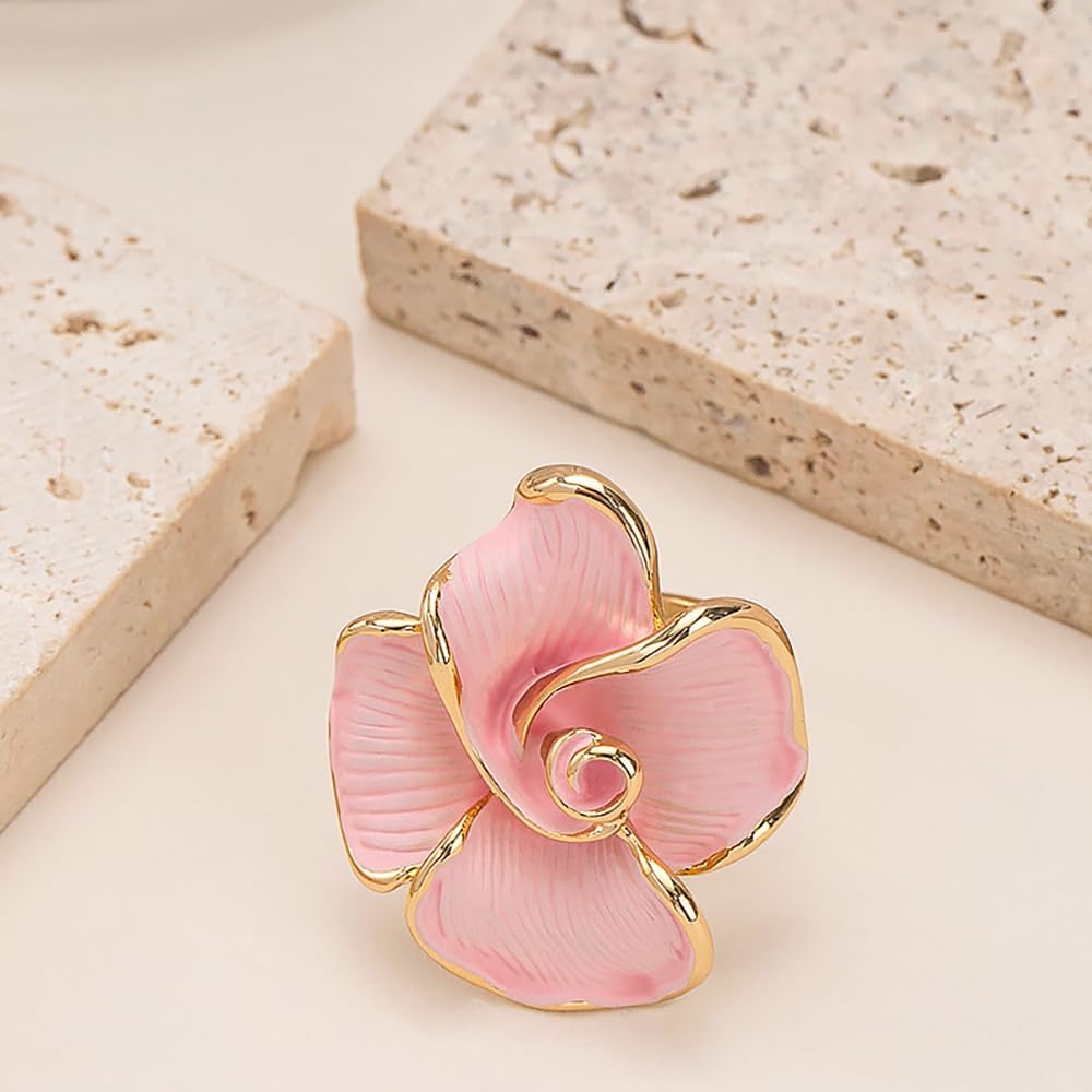 Kokoma Elegant Pink Enamel Rose Flower Ring for Women, Adjustable Open Band Floral Statement Wedding Promise Band Ring Fashion Jewelry - Image 4