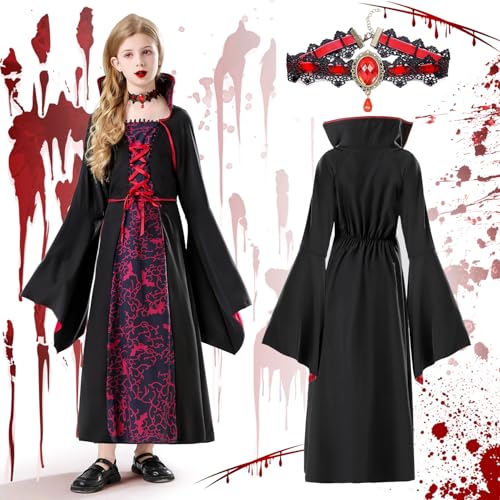 FFTANXS Disfraz Vampiro Niña,Disfraz Vampiresa Niña Gótica,con Collar,Adecuado Halloween Carnaval Party Cosplay,Apto 4 a 6 años