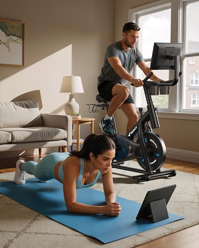 Image of Merach Exercise Bike, Magnetic Stationary Bike with 15.6 inchHD Screen, Low Noise Indoor Cycling Bike with 300lbs Weight Capacity, Comfortable Bike Seat, Tablet Mount and Fitness Courses for Weight Loss
