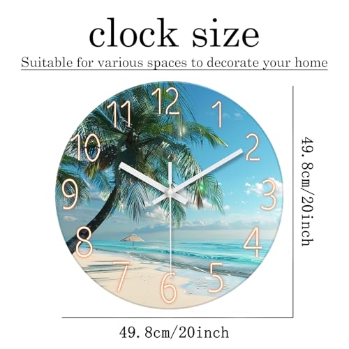 Image of XFM Large Blue Beach Wall Clock 20 Inch Coastal Theme | Silent Non-Ticking Battery Operated Modern Glass Tropical Palm Tree Decorative for Living Room Kitchen Bedroom Office