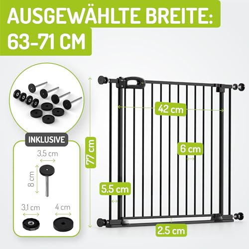 Bomi Treppenschutzgitter Merle Flatstep, Breite 63-71 cm | Türschutzgitter ohne Bohren, stabile Kindersicherung für Kind & Hund, TÜV geprüftes Hundegitter, Türgitter, Treppengitter, Metall Schwarz
