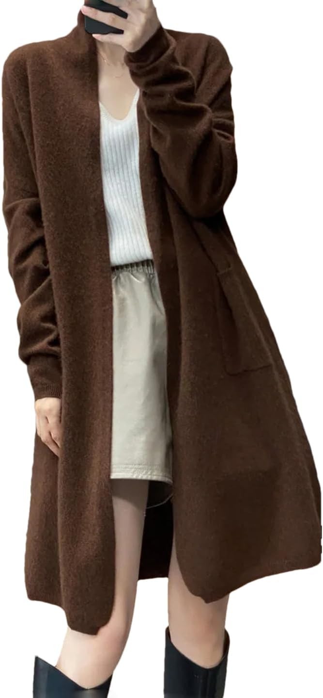 Women's Merino Wool Cardigan Long Sleeve Solid Color Loose Warm Knitwear Sweater Long Coat
