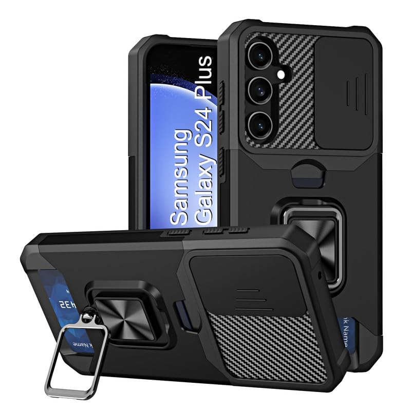 Image of LuxuryKase Shockproof Armor Case for Samsung Galaxy S24 Plus | Slide Camera Cover | Hidden Card Slot | Rotating Ring Kickstand | Magnetic Car Mount Support | Military Grade Protection - Black