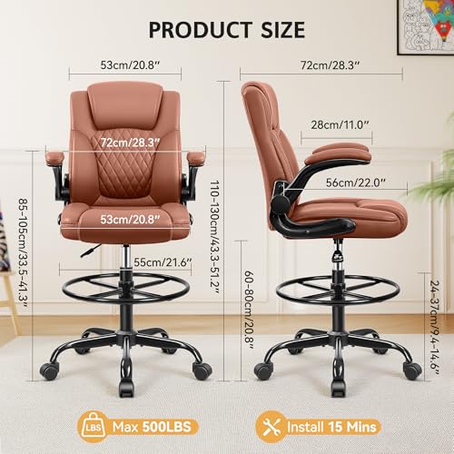 Image of Drafting Chair, Tall Office Chair for Standing Desk, High Executive Leather Ergonomic Computer Chair with Adjustable Height and Flip-Up Armrest for Counter Height Desk, Brown, Pack of 1