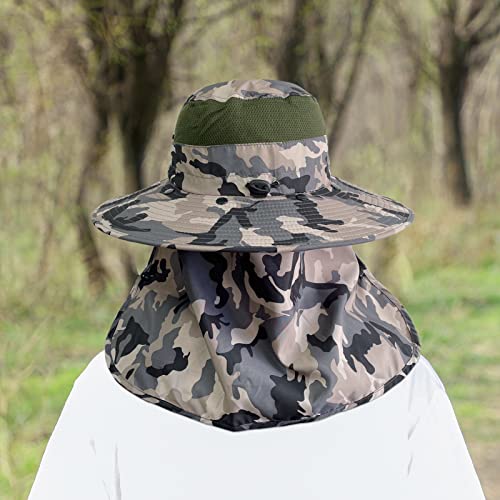 Image of UPF 50+ Sun Fishing Hat for Men Women Wide Brim Hat with Detachable Face Cover & Neck Flap