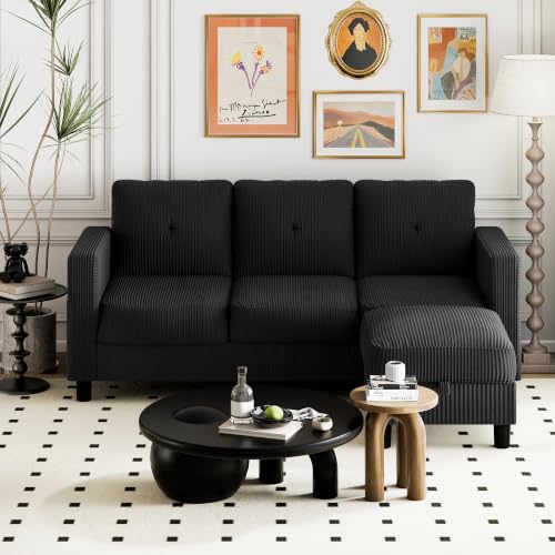 Image of Shintenchi 76 inch Modern Upholstered Sectional Sofa, L-Shaped Couch with Storage Ottoman and Reversible Chaise for Living Room, Carbon Black Corduroy Fabric