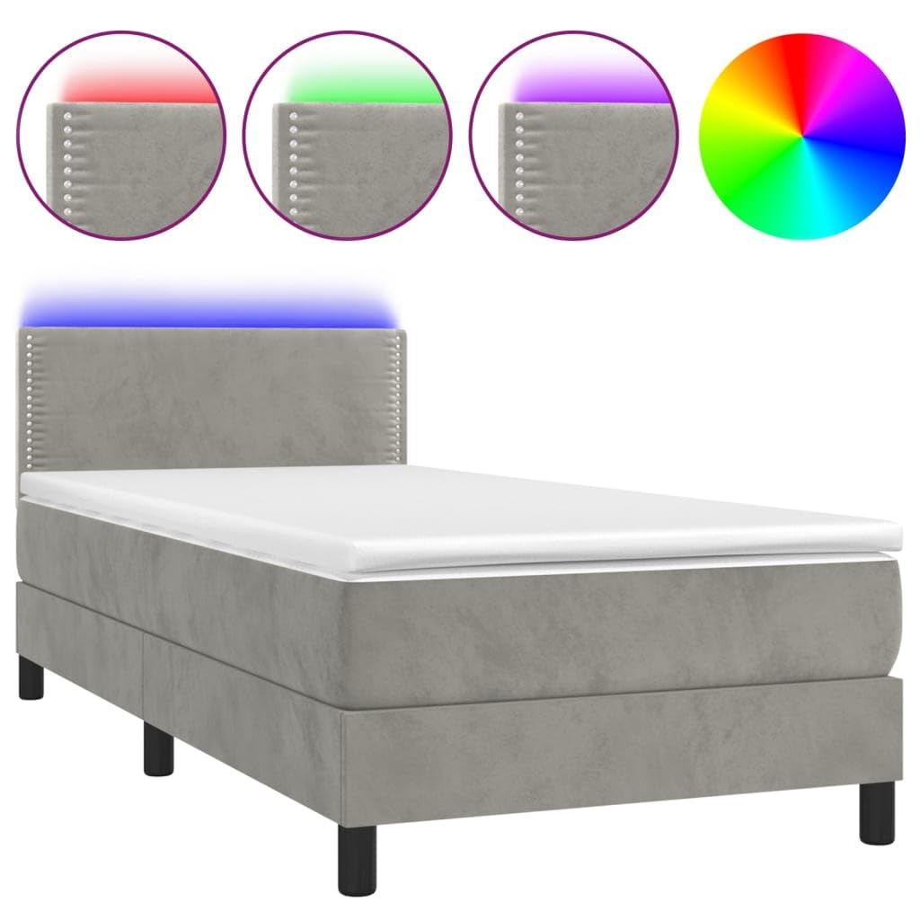 Cama con somier de 90 x 190 cm en gris claro con LED y colchón de muelles ensacados, aspecto de terciopelo ajustable, resistente y moderno, para habitaciones individuales juveniles y de
