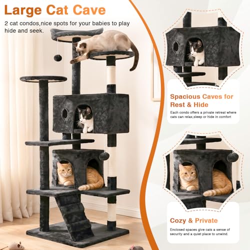 FDW | 54" Cat Tree Tower | Dark Gray | Multi-Level Indoor Activity Center with Sisal Scratching Posts, Condos, Plush Perches, Hanging Cat Toys | Sturdy, Easy to Assemble | for Kittens & Adult Cats - Image 5