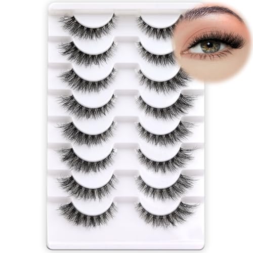 Fyonas Cat Eye Lashes Wispy False Eyelashes 5-14mm Short Fake Lashes Natural Look D Curl Strip Lashes with Clear Band 8 Pairs Soft Fluffy Lashes Pack (CT01)