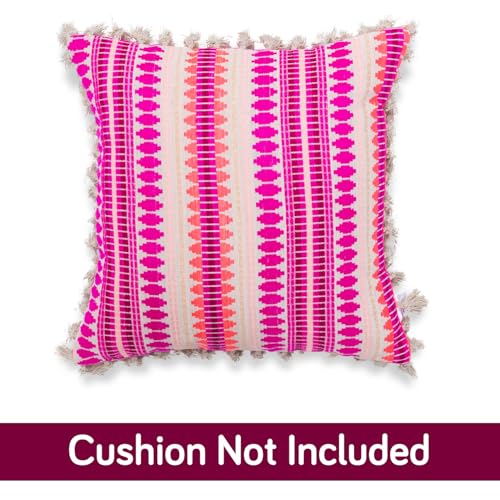 Image of HOKIPO 'Artisan Boho Series' 450 GSM Cushion Cover with Tassels | Cotton Acrylic Jacquard | 16x16 Inch (40x40 cm) | Pack of 2, Fucshia Pink (IN-905-A5*2)