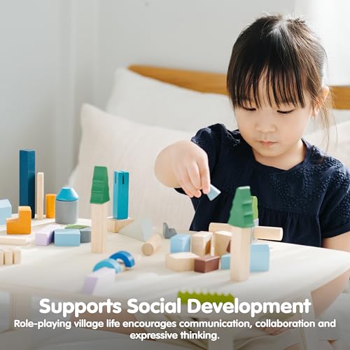 Image of PlanToys Urban City Blocks Wooden Montessori Construction Set | Imagination, Creative Play and Early Language Exploration | Eco Friendly Building Block Set with 45 Pieces