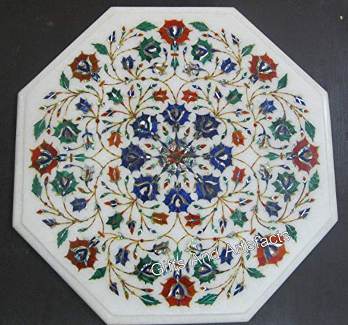 Table basse marbre blanc d'exception avec mosaïque de pierres précieuses