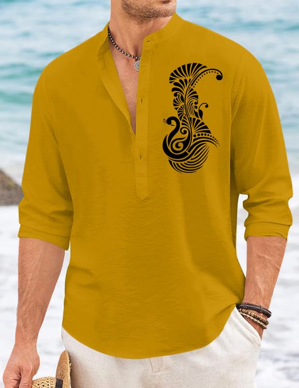 Image of FINIVO FASHION Men's Printed Cotton Blend Short Kurta with Artistic Chest Design | Stylish Full Sleeve Casual Kurta with Mandarin Collar for Daily, Travel Soft Textured