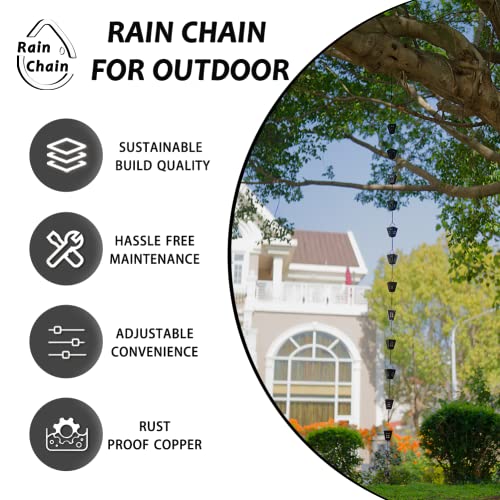 Square Rain Chain, Black Rain Chains for Gutters 10 FT, Adjustable Rain Catcher Chain with Bell for Eaves Drainage, Rain Gutter Chain Downspout,Black(12 Cups ) - Image 4