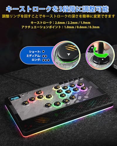 Haute42 アケコン レバーレス コントローラー レバーレス アケコン C-AT 3段階キーストローク調整 Windengineスイッチ 18ボタン配置 マグネット式天板＆リストレスト LEDロゴ搭載 OLEDディスプレイ 超低遅延 格闘ゲーム向け PC Switch PS3 PS4対応（ブラック）