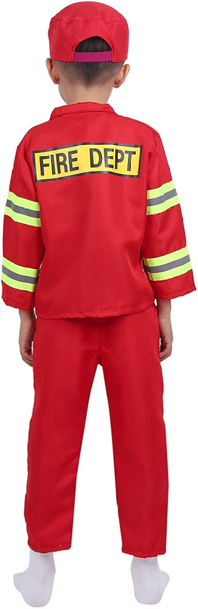 Miniatura 4 de Venjoe Disfraz de bombero para niños y niñas, disfraz de bombero, cosplay, uniforme de bomberos, chaqueta con pantalones, conjunto de sombrero