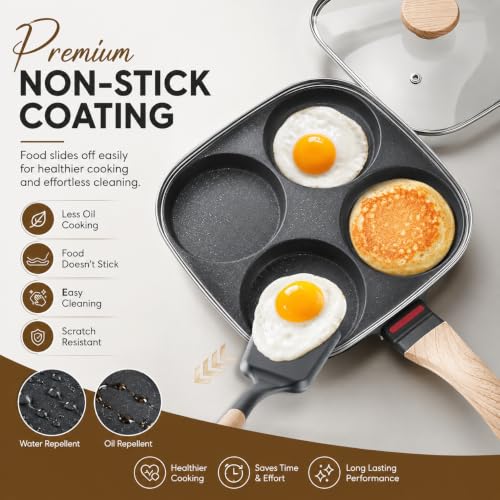 Image of Egg Frying Pan with Glass Lid, Non Stick 4 Hole Omelette Pan, Breakfast Fry Pan for Eggs, Pancakes, Mini Dosa, Burgers, Paniyaram, Induction & Gas Compatible, Wooden Handle, Granite Coating