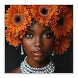 BOHUO Impresión sobre lienzo Retrato con corona de gerberas naranjas, Acento mural con perlas decoración para dormitorio(Green 20)-50x50cm Sin marco