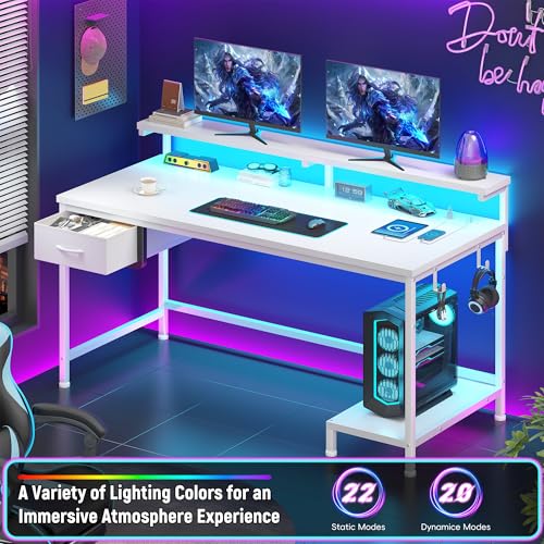 Image of DurayLoly 39.3Inch Computer Desk with Power Outlet & Drawer,Gaming Desk with CPU Stand& LED Lights,Corner Office Desk with Ergonomic Monitor Stand for Home Work, Study and Gaming, Small Spaces,White