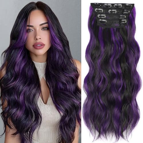 ALXNAN Clip in Long Wavy Synthetic Hair Extension 24 Inch Black Mix Purple Highlights 4PCS Thick Hairpieces Fiber Double Weft Hair for Women