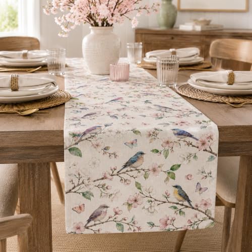 Image of Vintage Botanical Birds Table Runner, Watercolor Floral Bird Butterfly Linen, Spring Garden Dining Decor for French Country Kitchen 13x36 Inch