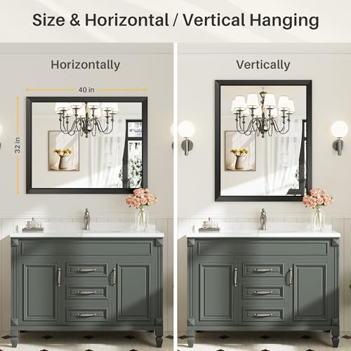 Image of Briivue 40x32 Inch Black Bathroom Mirror for Wall, Thick Metal Framed Rectangle Mirrors for Over Sink, Bedroom, Living Room, Entryway, Anti-Rust, HD Tempered Glass