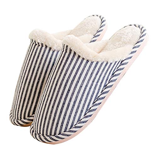 Cosanter Pantoufles en Coton Pelucheux À Rayures Simples pour L'automne Et l'hiver Marine