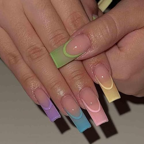 Foccna Long Press on Nails Square French Fake Nails Full