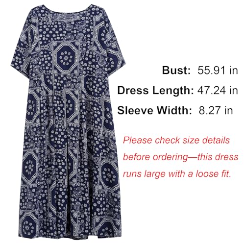Image of Women Plus Size Dresses Summer Vintage Print O Neck Oversized Boho Vacation Casual Robe with Side Pockets