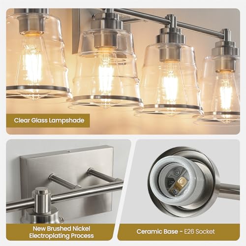Image of Brushed Nickel Bathroom Vanity Light Fixture, 4 Light Bathroom Light Fixtures Over Mirror with Clear lampshade and Metal Base Sconce,29.1 inch Modern Vanity Light for Bathroom(Exclude E26 Bulb)