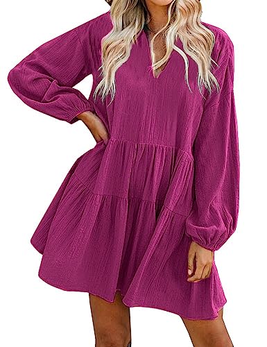 FANCYINN Damen Rüschen Glockenärmel Etuikleid Babydoll Leinen Casual Minikleid mit Taschen Langarm Weinrot L