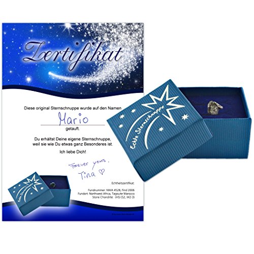 Geschenke mit Namen Echte Sternschnuppe in Geschenkbox mit Widmung zum Jahrestag, Hochzeitstag, Valentinstag - Meteorit mit Echtheitszertifikat und Taufzertifikat, 21 x 3.5 x 15 cm