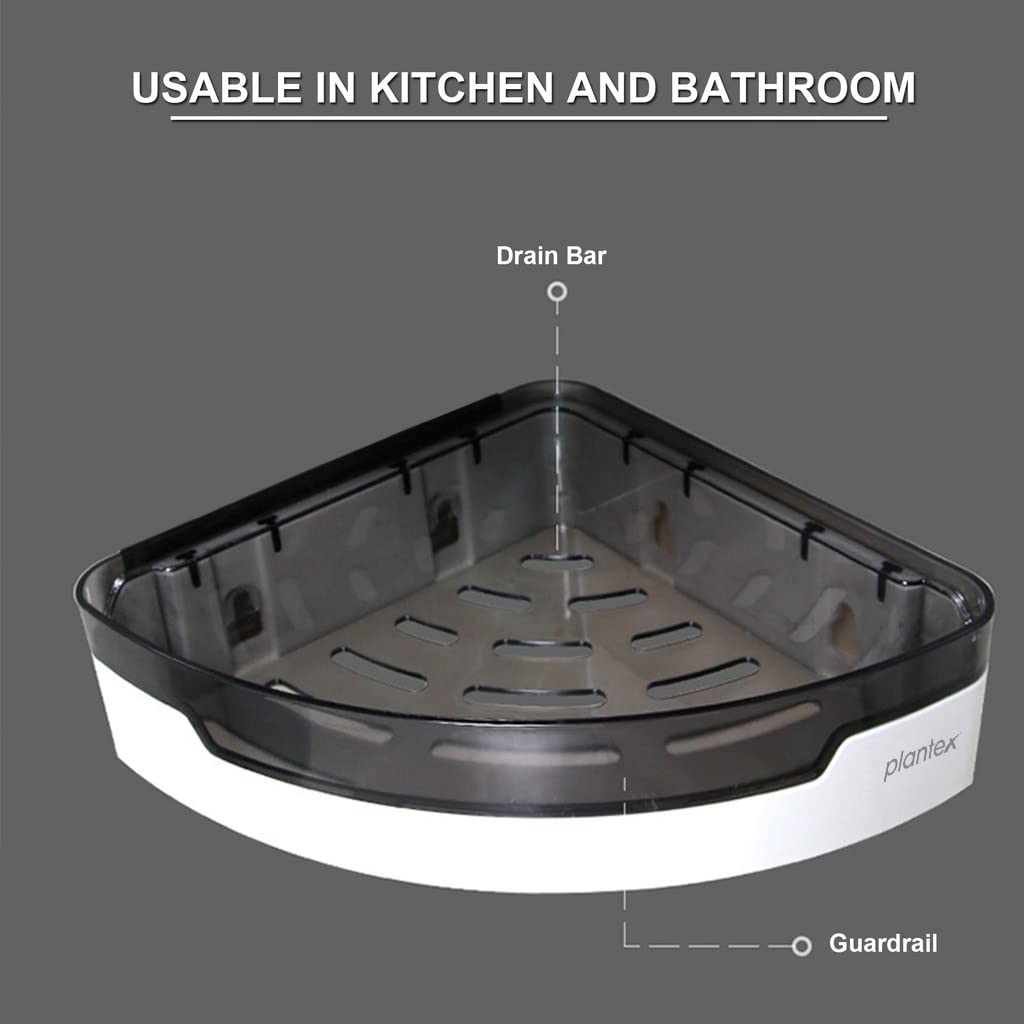 Plantex Estante esquinero de plástico ABS irrompible en blanco y negro para baño, cocina, estante de montaje en pared, estante de almacenamiento (8 x 8 pulgadas)