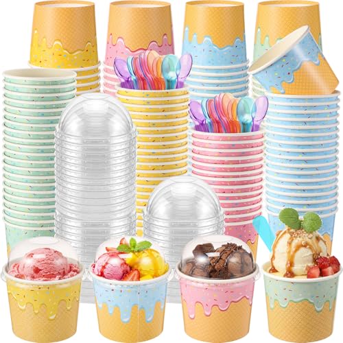 Jingmore 100 Pack Ice Cream Cups with Lids and Spoons Paper Dessert Cups Colorful Sundae Bowls Disposable Ice Cream Containers for Hot Soup Spring Summer Graduation Bar Party Supplies (4 oz)