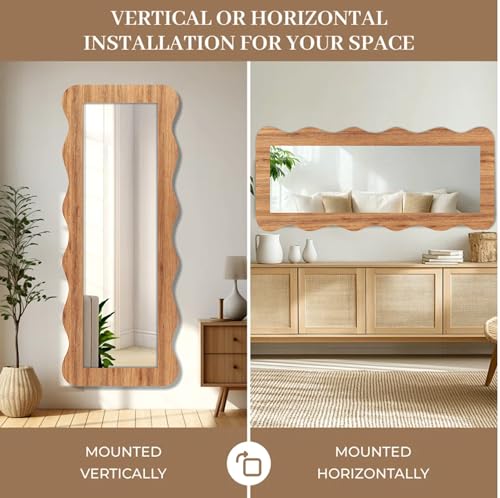 Image of Creative Arts n Frames 22 x 52 inch Full Length Dressing Chevel Long MDF Wood Zigzag Curvy Irregular Shape Framed HD Mirror Home Decor Items (Natural Iqurel Oak Light Zigzag1 Full Length Mirror)