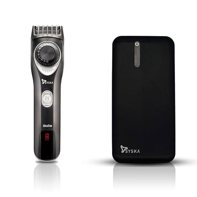 SYSKA TP7526 Combos – HT750 90mins Run Time Beard Trimmer (Black Silver) and 10000 mAh Power Bank (10 W, Fast Charging) (Black, Lithium Polymer) at Rs. 1299