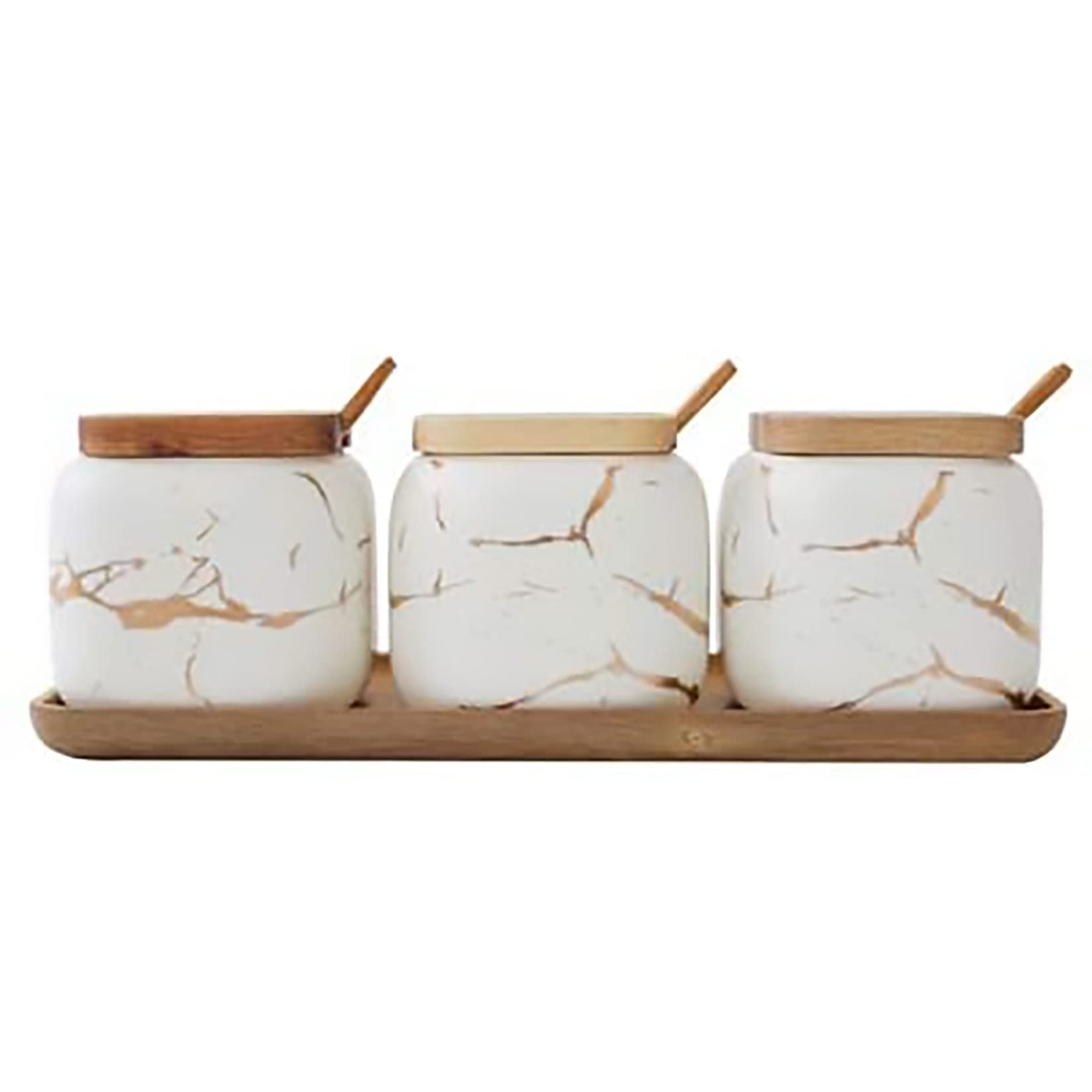 Pots à épices en céramique marbrés 3 pièces contenants de Stockage d'épices avec couvercles et cuillère Boîte à épices de 300 ML avec ustensiles de Cuisine en Bois pour étagères à épices,Blanc