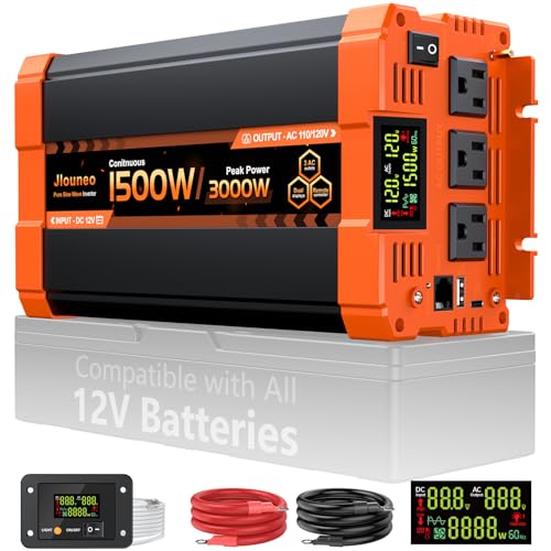 Jlouneo 1500W Pure Sine Wave Inverter 12V DC to 110V/120V AC Power Inverter 3000W Peak for Vehicles RV Truck Camping Solar Backup with 3 AC Outlets USB-A Type-C LCD Display Remote Control