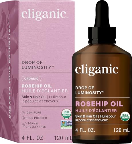 Cliganic Organic Rosehip Oil, 100% Pure Organic (120 ml) Cold Pressed, Natural Vegan | For Hair, Face, Cuticles, Hair | Certified Organic Vegetable | 90 Days Warranty