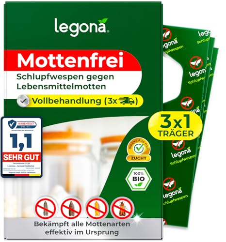 Preisvergleich Produktbild Legona Schlupfwespen gegen Lebensmittelmotten 3 Lieferungen je 1 Träger Mottenschutz für Küche und Vorrat Alternative zur Mottenfalle