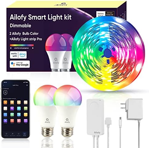 Ailofy 2 Pack Color Bulbs Kit and Smart LED Strip Lights 16.4ft with App Control, Color Changing, Wi-Fi Light Work with Alexa and Google Home, Sync to Music, Light Kit for Bedroom, Living Room